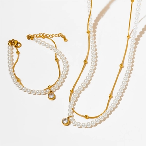 Collier Et Bracelet Double Couche En Acier Inoxydable Künstliche Perles Blanches Zircone Pendentif Rond Bijoux