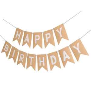 Detail of kraft paper fishtail banner with white Happy Birthday lettering for parties