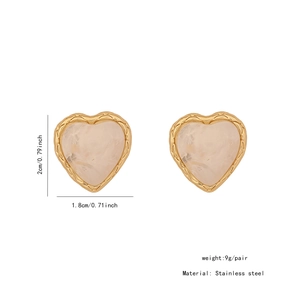 Detail view of heart-shaped stainless steel earrings with marble texture and dimensions