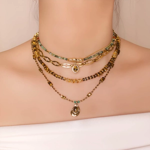 French vintage layered tiger eye bead necklace with stainless steel round pendants