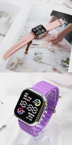 Detail of pink and purple ocean wave silicone straps on a square digital smart watch