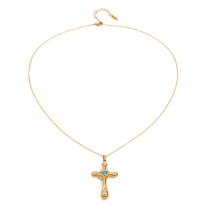 18K gold plated stainless steel cross necklace with blue glass and zircon accents