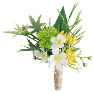 Handmade white faux flower boutonniere with greenery and twine wrap for wedding groom