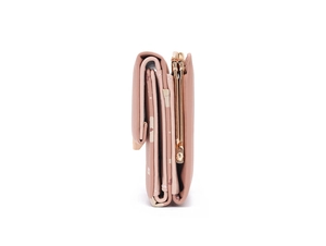 Side view of pink floral tri-fold wallet with gold metal clasp and snap closure
