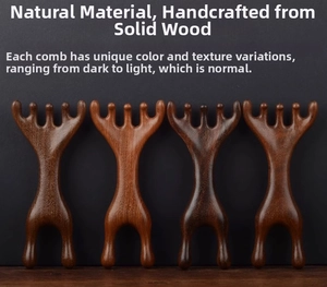 Detailed view of four sandalwood scalp massagers showing natural wood grain textures