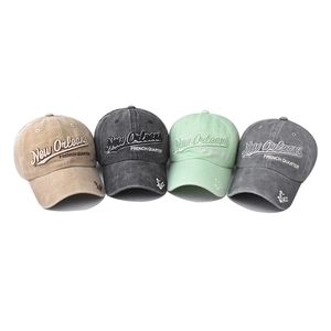 Washed cotton baseball caps with New Orleans 3D embroidery in four vintage colors