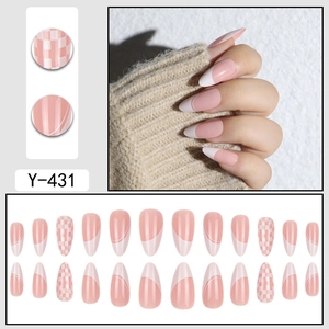 Pink and white checkerboard almond press-on nails set with french tips for women