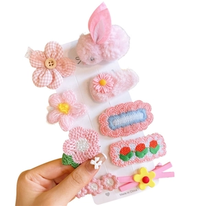 8-teiliges Set Cartoon Plüsch Hasen und Blumen Haarklammern für Mädchen in Rosa und Beige