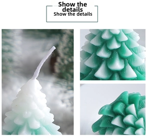 Detailed view of layered wax texture on a green and white Christmas tree candle