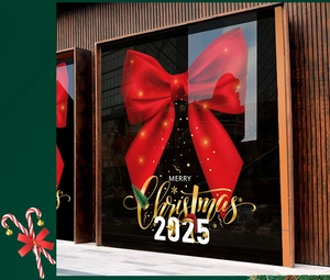 Macro detail of red Christmas bow window sticker with Merry Christmas 2025 text
