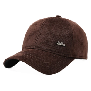Winter brown corduroy baseball cap for men with warm ear protection and fashion metal logo