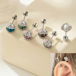 Marine Shell Starfish Ear Cartilage Stud Titanium Steel Screw Back Zirconia Enamel Piercing Jewelry For Women