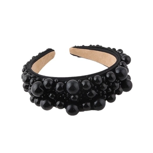 Fashion woven black headband with glossy mixed-size pearls on a comfortable fabric base