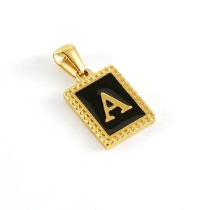 Vintage gold rectangular necklace with black enamel inlay and 3D letter A pendant