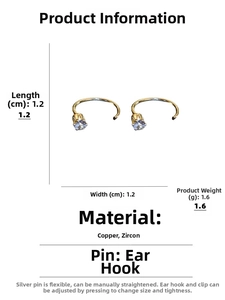 Macro shot showing 1.2cm gold circular earrings with blue zircon and size specifications