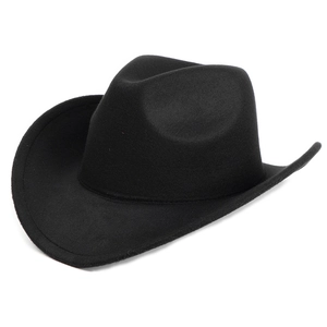 Classic black wool felt cowboy hat with pinch front crown and curved brim on white background