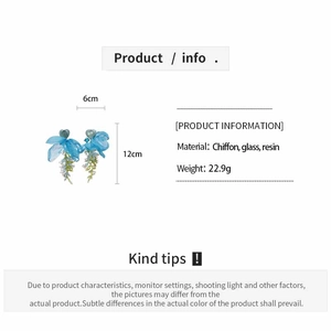Detailed size chart for blue floral chiffon earrings with resin glass beads and tassels
