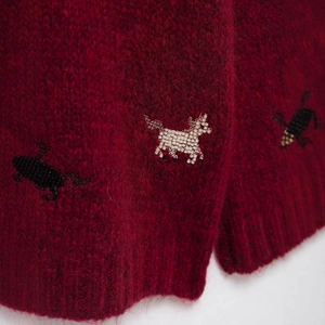 Deep red mohair knit cardigan featuring exquisite animal pattern hand-beaded embroidery