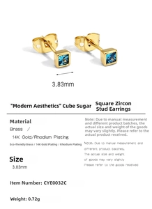 Detail specifications of a 3.83mm blue square zircon stud earring with gold plating