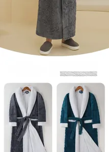 Detail of plush double-layered men's bathrobe with embossed texture and contrast fleece lining