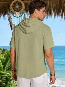 Back view of a casual hooded men's linen short sleeve shirt in sage green for summer beachwear