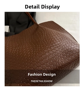 Detail showing the deep brown woven texture and premium leather surface of the stylish handbag