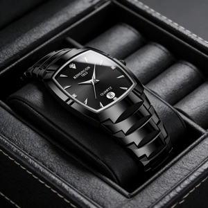 Close-up of square black quartz watch with metal strap on leather cushion display