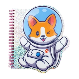 Cartoon corgi astronaut spiral notebook with holographic glitter PVC cover design