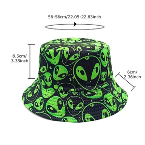 Unisex black bucket hat with green alien print and detailed size dimensions