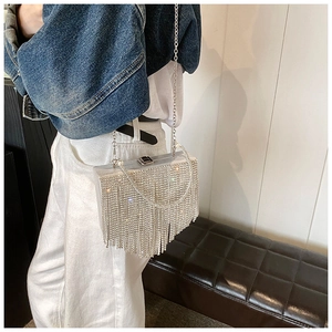 Silver rhinestone tassel evening clutch bag with chain strap shown on a casual outfit
