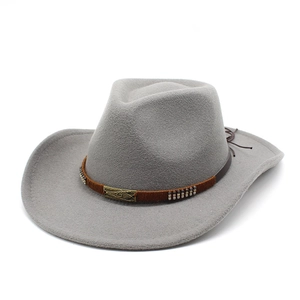 Classic grey wool western cowboy hat with brown belt buckle and wide brim design