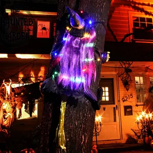 Halloween Crashing Witch Decoration LED Light Up Outdoor Tree Ornament Prop Purple Hair Striped Stockings Nylon Fabric Spooky Party Decor