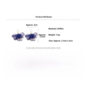 Detail showing dark blue chiffon flower earrings size 5.5cm with silver needle hooks