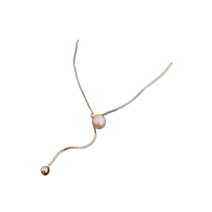 Minimalist gold snake chain necklace with round pearl and adjustable drawstring bead