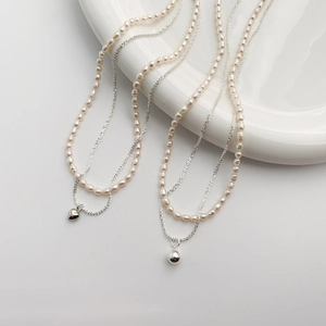 Natural Freshwater Pearl Double Layer Necklace For Women Baroque Pearl Heart Round Ball Pendant Clavicle Chain Jewelry Gift