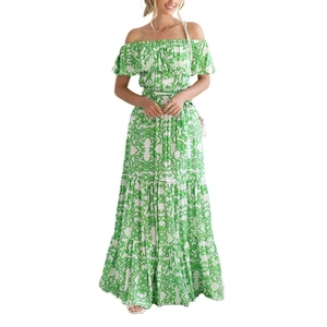 Detail of green floral print off-shoulder maxi dress with tiered ruffle skirt