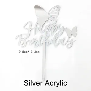 Silver mirror acrylic Happy Birthday cake topper with butterfly design, set of 10 pieces