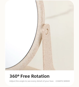 Detail of 360-degree rotating swivel joint on wheat straw tabletop makeup mirror