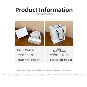 White jewelry gift box set with drawstring pouch and tote bag showing size specifications