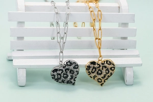 18K gold plated heart pendant necklace with leopard print on a paperclip chain