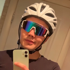 White cycling helmet with rainbow polarized sports sunglasses for outdoor riding gear