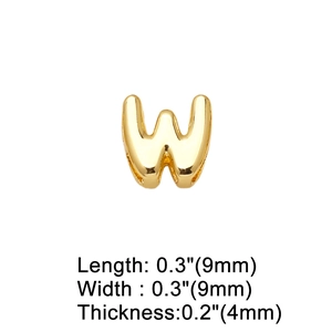 Detail showing gold letter W charm dimensions of 9mm by 4mm with polished finish