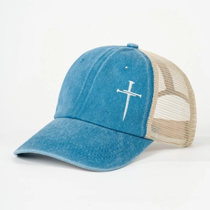Vintage navy blue washed denim trucker hat with cross embroidery and beige mesh back