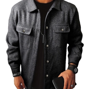Men's dark grey corduroy workwear jacket with lapels and metallic buttons in main view