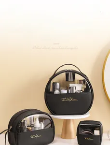 Three-piece black PU leather and transparent PVC cosmetic bags for organized travel storage