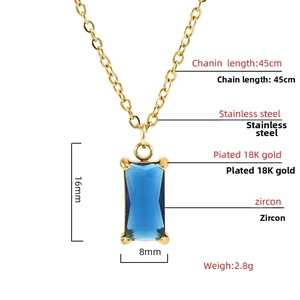 Detail view of 18K gold plated stainless steel necklace with 16x8mm blue zircon pendant