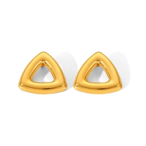 Detailed close-up of hollow triangle 18K gold plated stainless steel stud earrings