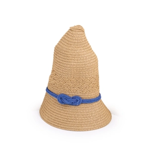 Detailed view of pointed straw sun hat with blue braided rope decoration and knot