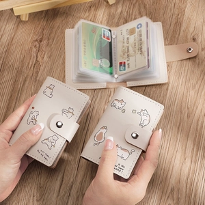 Cute bear and cat printed card holder made of cream PU leather with 20+ clear slots