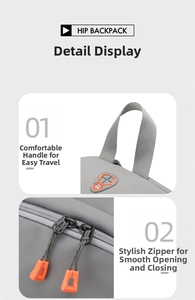 Detail of hip backpack showing orange headphone port and dual zipper with webbing handle